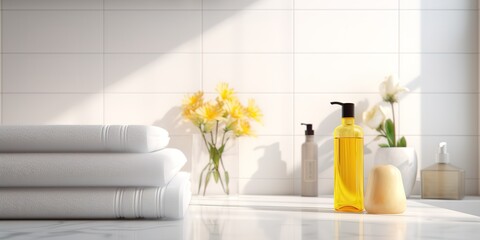 A yellow soap bottle in the bathroom. Generative AI
