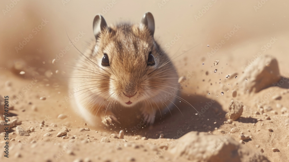 Poster closeup of a gerbil using its tiny paws to meticulously sift through the sand removing small debris 