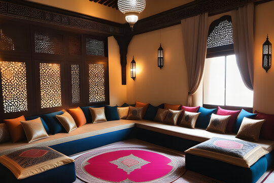 Arabic setting for a majlis with traditional cushions and vintage Arabic home decorations