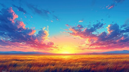 Fototapeta premium Yellow Blue Sky Evening Summer Plain, Background Banner HD