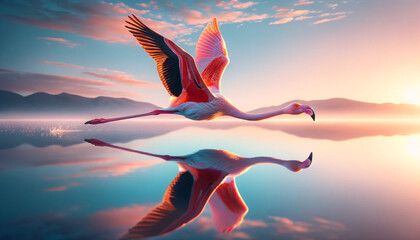 Graceful Flamingo Gliding over Tranquil Waters at Sunset - obrazy, fototapety, plakaty