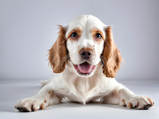 English cocker spaniel young dog is posing. Cute playful white-braun doggy or pet is playing and looking happy isolated on white background.