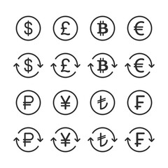 currency symbol icon sets. Currency exchange line icon set. Dollar, euro, pound, russian ruble, yen, bitcoin minimal vector illustration.