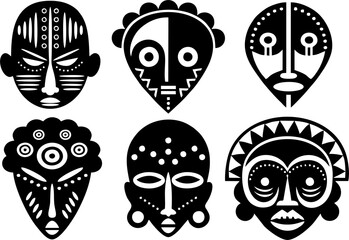 Ritual religious totem masks set. Ancient aboriginal deities for rituals with ornaments. Ceremonial masks, Spolynesian, maori or hawaiian tribal faces in high HD resolution. - obrazy, fototapety, plakaty