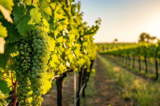 Vineyard Rows with Green Grapes at Sunset in Countryside
