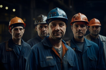 A group of factory workers wearing hard hats and safety uniforms, smiling together. Portraying industrial worker engineering and illustrating concepts of industry, engineering, and construction.