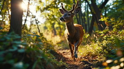 Fototapeten A deer running in green forest © somehoww