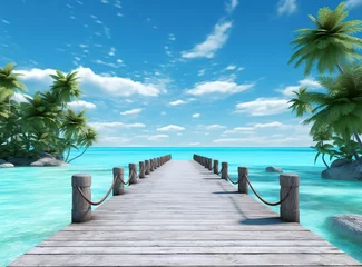 Fotobehang A wooden bridge stands on the edge of a beautiful beach with a bright blue sky. Generative AI © original logo