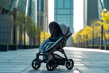 Contemporary Baby Stroller Parked in Modern Cityscape