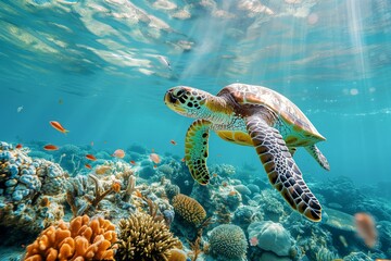 Sea Turtle Swimming in Coral Reef Underwater