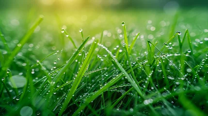 Schilderijen op glas Water droplets cling to blades of grass after a rain shower, transforming the landscape into a glistening haven, highlighting the beauty of nature's rejuvenation © Дмитрий Симаков