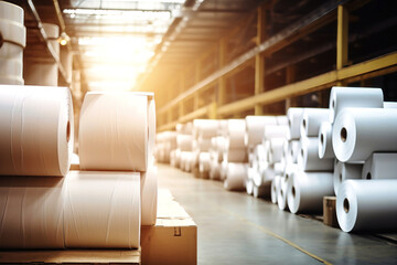 Huge rolls of paper are stored in the factory warehouse. Industrial paper production. Finished products of a paper processing plant.