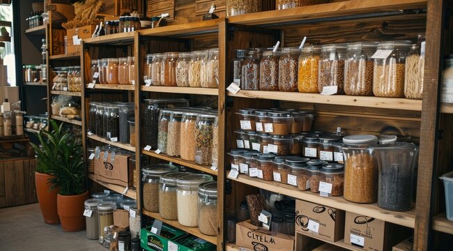 Zero waste shop interior details. Wooden shelves with different food.