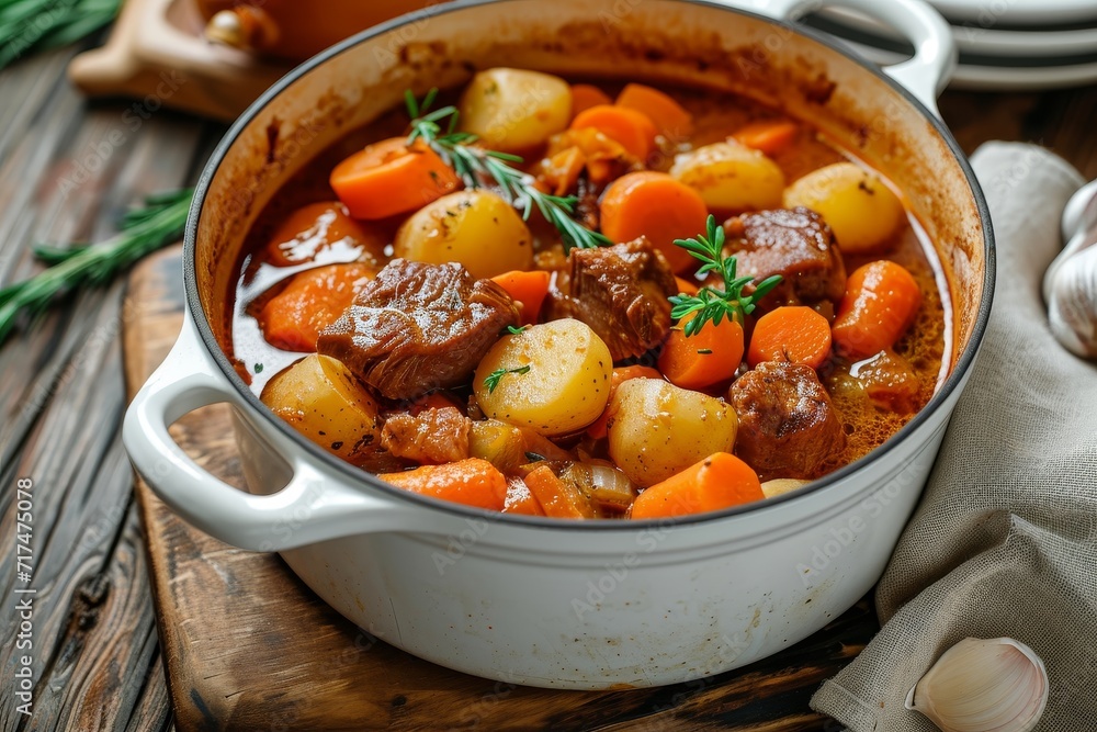 Wall mural Meat stewed with potatoes, carrots and spices in pot on wooden background