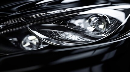 A detailed shot of a black and white headlight with its cover removed exposing the layers and...