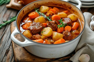 Meat stewed with potatoes, carrots and spices in pot on wooden background