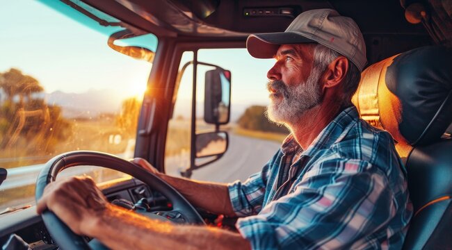 Professional middle aged truck driver in casual clothes driving truck vehicle going for a long transportation route.