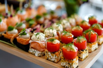 Buffet assortment of canapes. Delicious appetizers, catering food