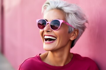Fototapeta na wymiar Close up portrait of a happy senior woman in pink sunglasses on a pink background