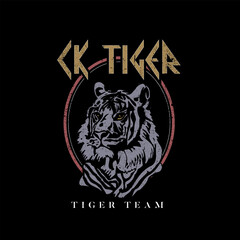 Ck Tiger rock type slogan with tiger head vector illustration on black background