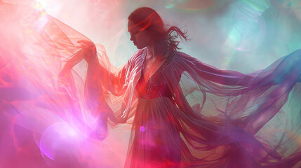  mysterious woman draped in flowing fabrics, surrounded by ethereal mist