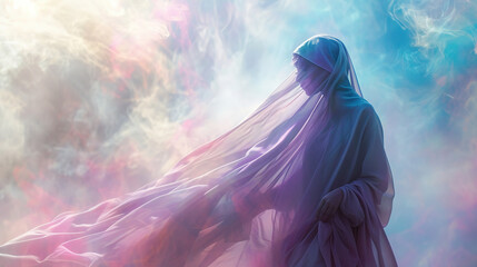  mysterious woman draped in flowing fabrics, surrounded by ethereal mist
