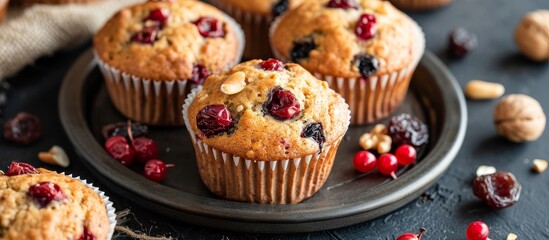 Healthy vegan muffins made with dried fruits and nuts.