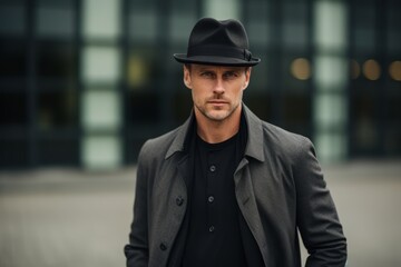 Portrait of a handsome man in a black coat and hat.