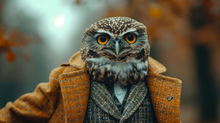 Elegant owl perches on city streets in tailored splendor, epitomizing street style. The realistic urban setting captures the avian charm, seamlessly merging nocturnal allure with contemporary fashion 