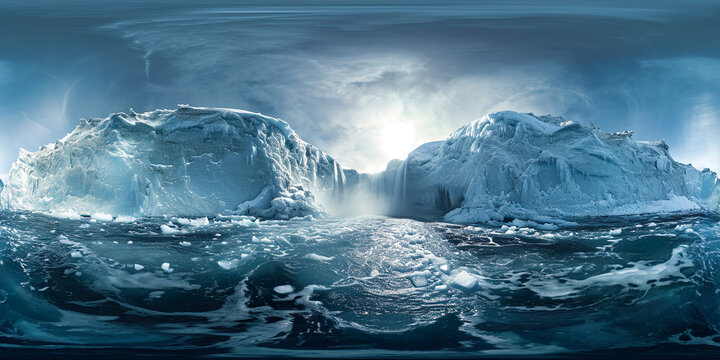 Melting glaciers of Antarctica. 360 VR view. Cracks in the ice. Climate change concept