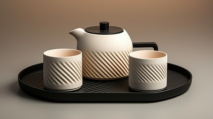 A contemporary tea set with geometric patterns on a dark background