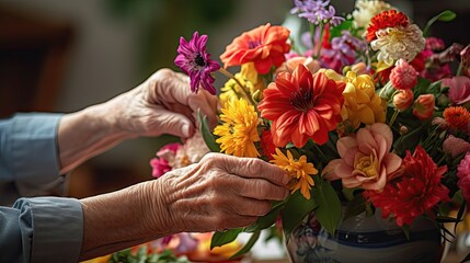 Elderly hands arranging a colorful bouquet of fresh flowers with care.