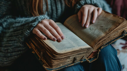 a close-up of a student's hands holding a well-worn textbook with visible annotations and bookmarks - obrazy, fototapety, plakaty