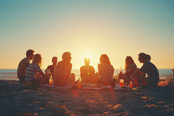 Group of happy friends spending time together at the beach summer concept