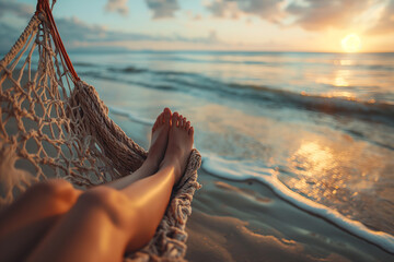 Woman legs barefoot in a sandy beach