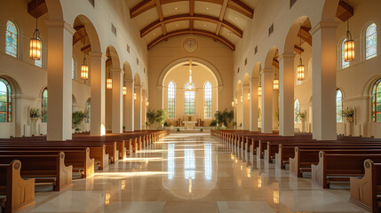 Empty interior of a church sanctuary from the center.