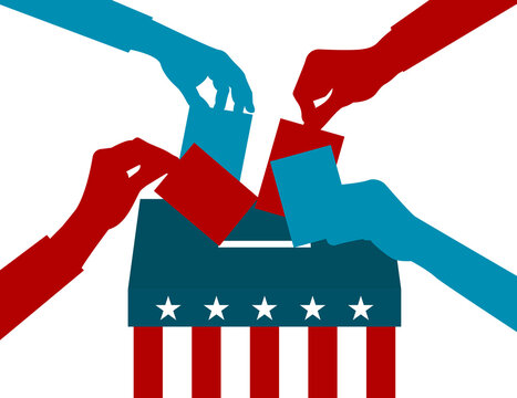 Vector design with 4 hands voting in the ballot box for the USA United States of America 2024 presidential election
