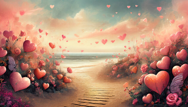 Valentine scene with hearts and flowers on the beach with Pantone 13 1023 peach fuzz color