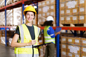 The warehouse officer, who is female, is presently conducting an inspection of the inventory within the warehouse.