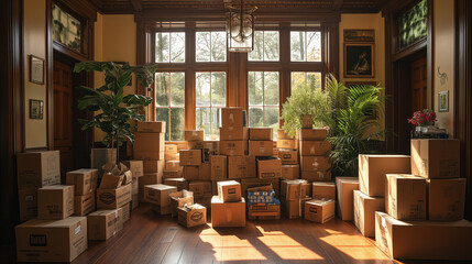 Bunch of cardboard boxes in a room. Moving day. Shipping packages from home. - obrazy, fototapety, plakaty
