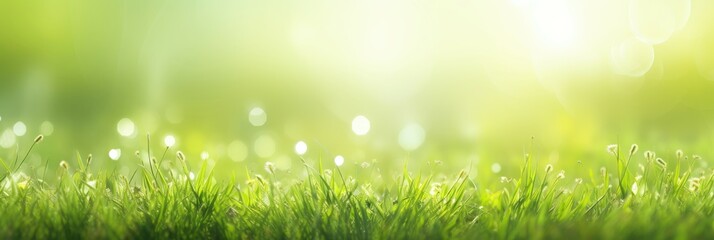 Obraz premium Dewy green grass illuminated by the morning sunlight.