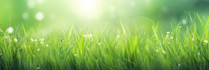 Lush green grass with dew drops in sunlight.