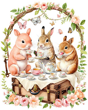 Adorable children's storybook illustration - Incredible transformation of a treasure chest with curious animals having a delightful tea party Gen AI