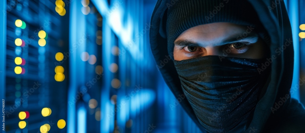 Aufkleber a criminal hacker wearing a black mask searches for weak spots in server room security, aiming to st
