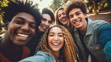 Joyful group of diverse young adults taking a selfie together outdoors. - obrazy, fototapety, plakaty
