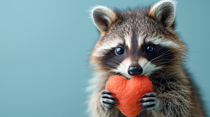 cute happy racoon placed a stuffed heart shape on the head isolated on pastel.Generative AI