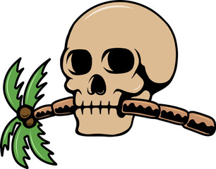 Illustration of skull with palm. Summer theme. Vector illustration