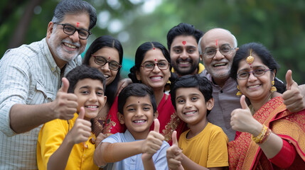 Family photo with members of various ages, all smiling and giving thumbs up together