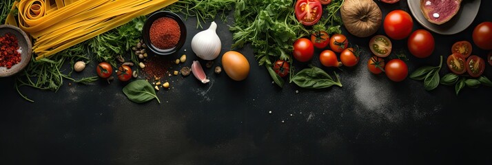 Assortment of fresh Italian cooking ingredients and pasta on dark background.
