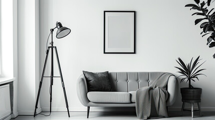 Minimal. Black or Gray living room interior with white fabric sofa.Generative AI